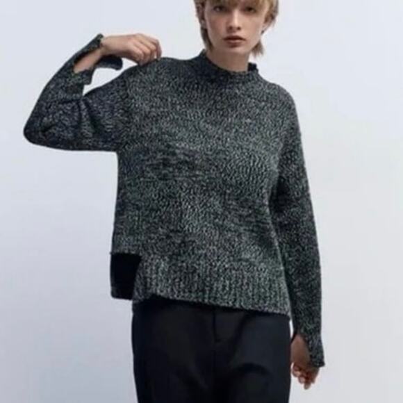 Zara NWT Wool Blend Gray Marled Asymmetrical Mock Neck Sweater Small - Picture 1 of 11